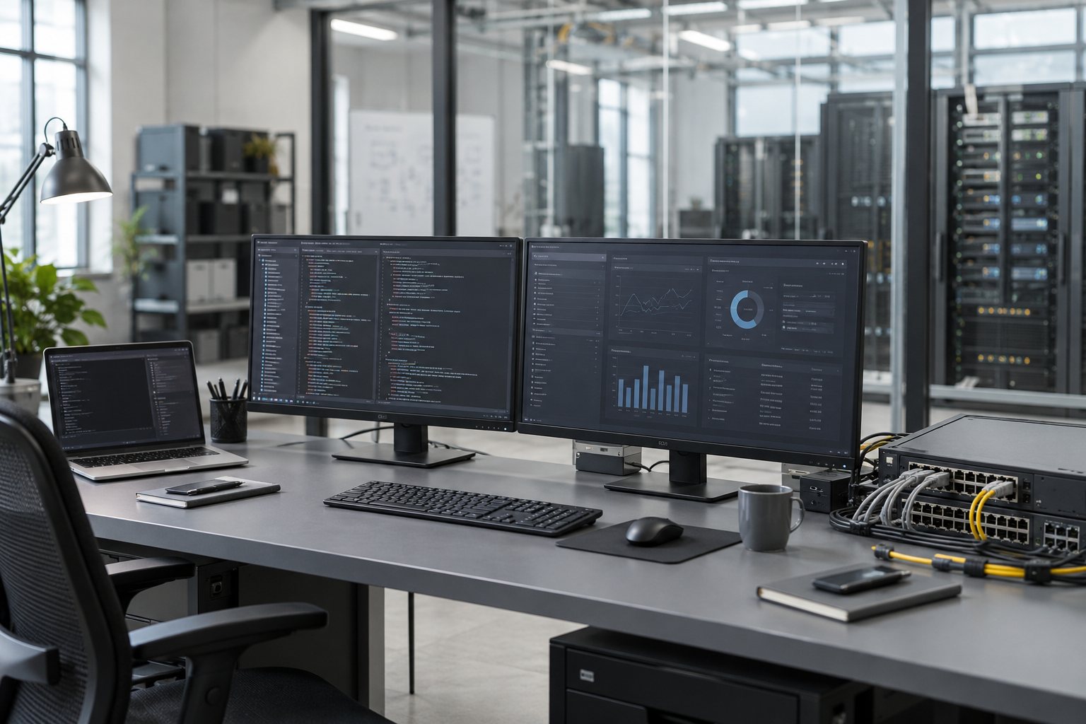Representative technical work environment. AI-generated illustrative photograph.