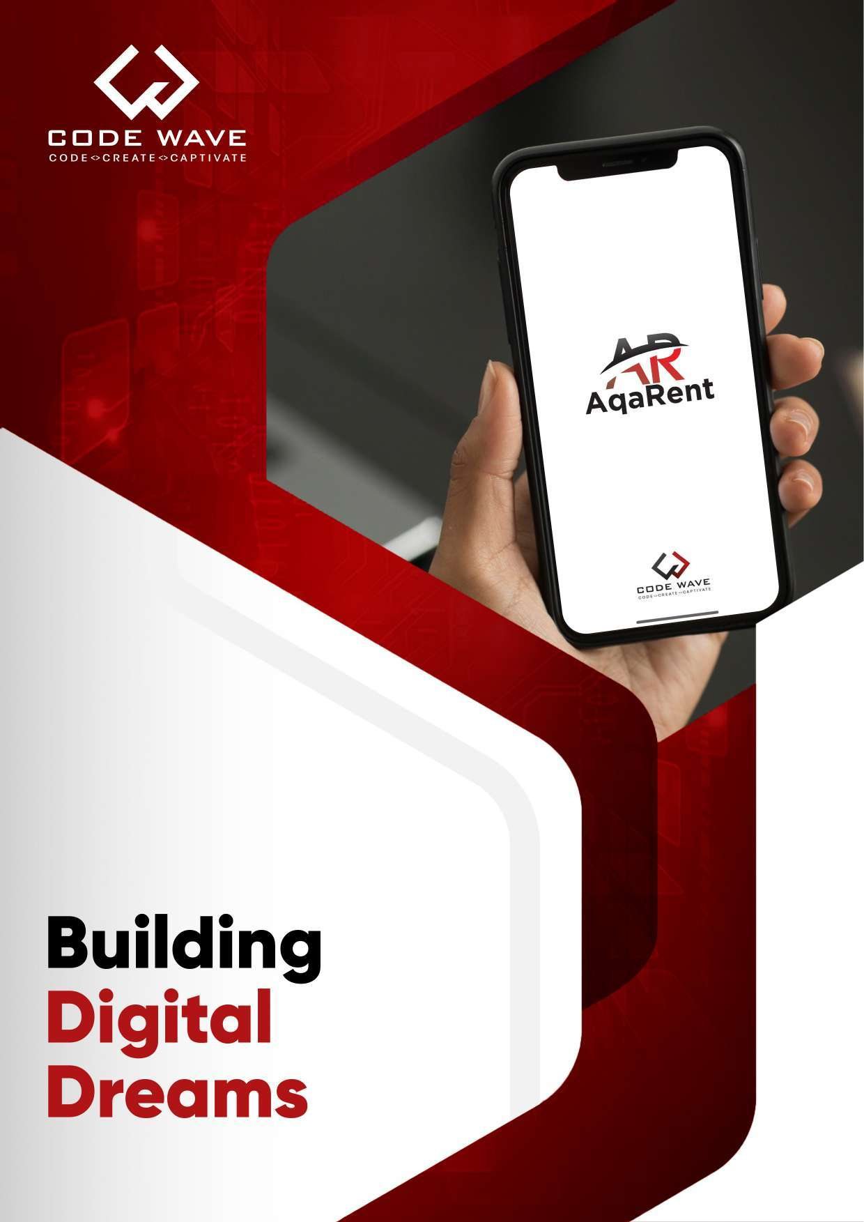 Codewave 2025 profile cover: Building Digital Dreams, with Aqarent displayed on a phone.
