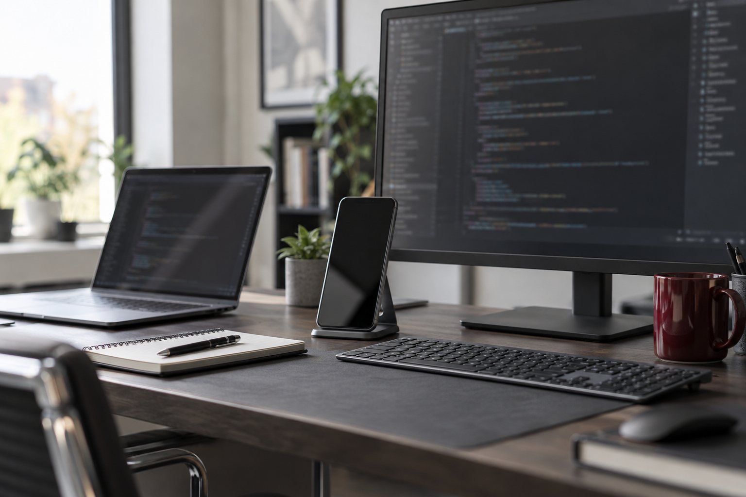 Representative software development workstation. AI-generated illustrative photograph.