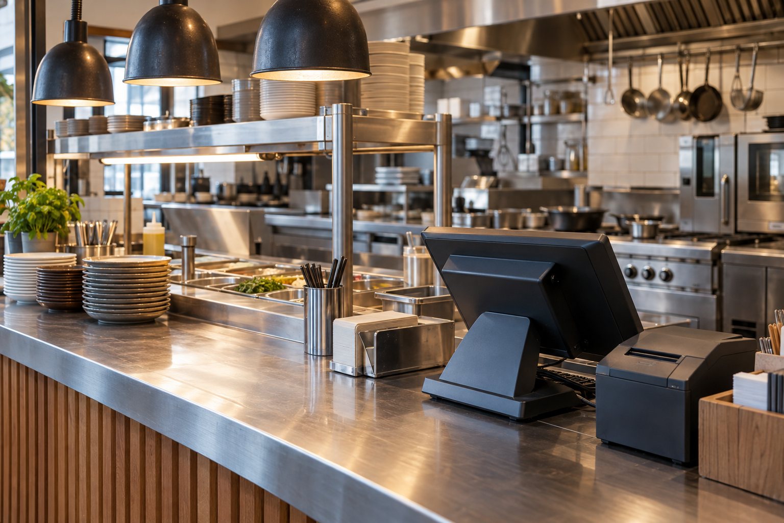 Representative restaurant point-of-sale and service counter. AI-generated illustrative photograph.