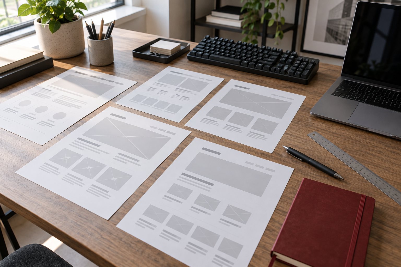 Representative web design planning table. AI-generated illustrative photograph.