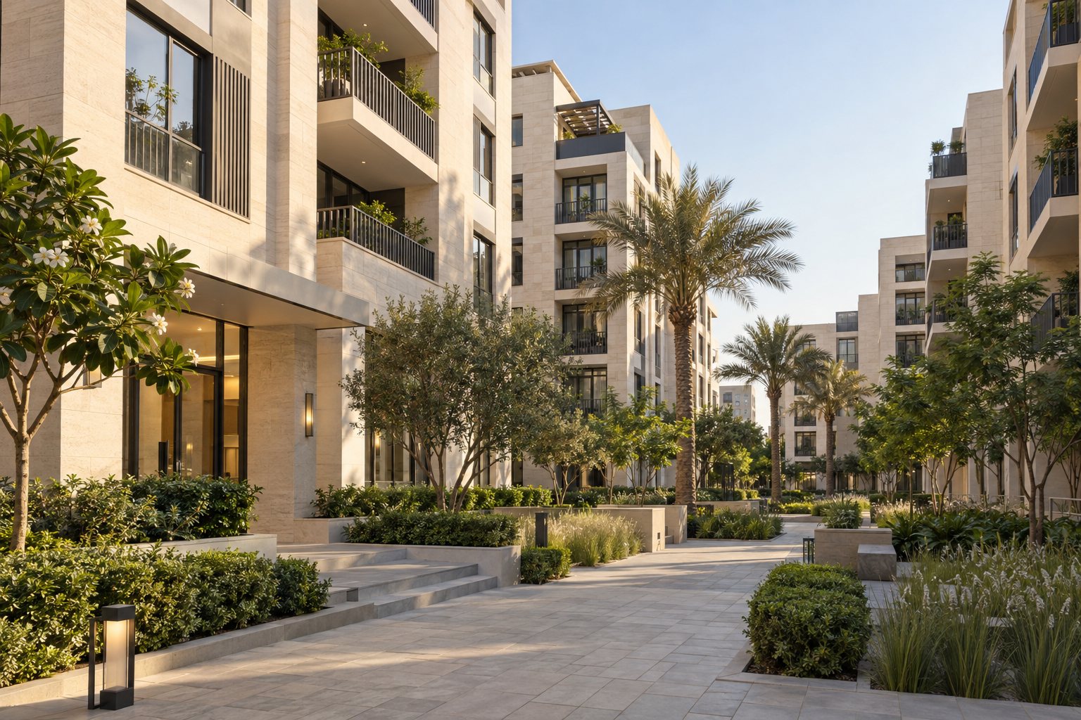 Representative residential buildings, not an Aqarent-managed property. AI-generated illustrative photograph.